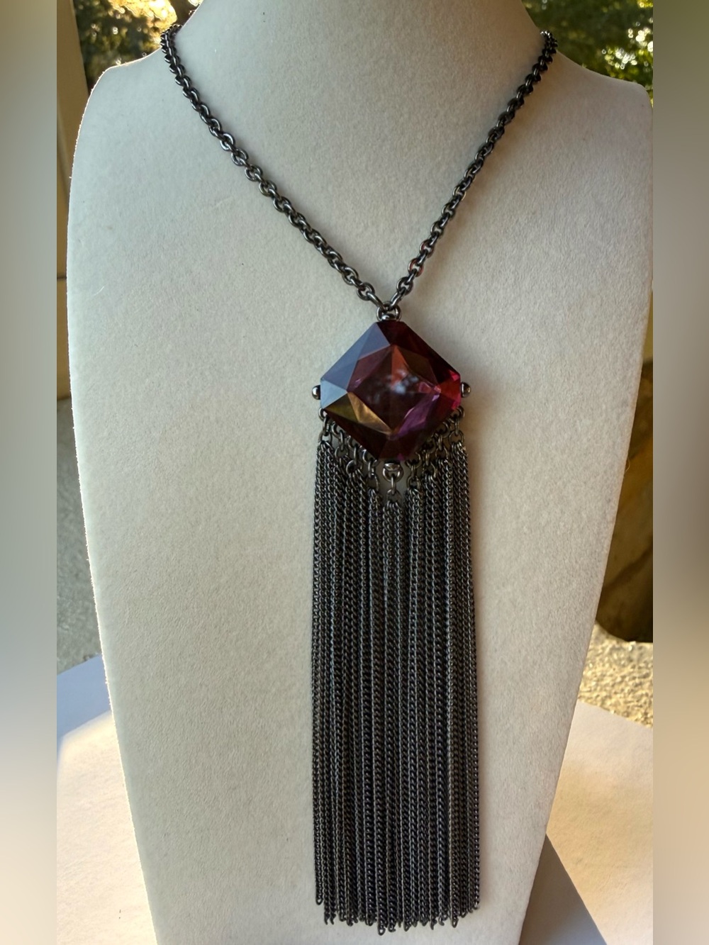 White House Black Market WHBM Gunmetal Purple Crystal Tassel Statement Necklace